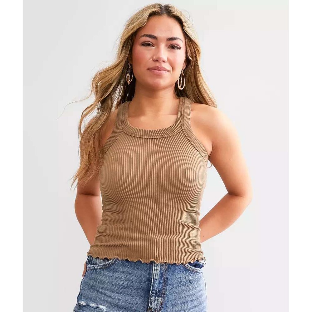 Free People Seamless Ribbed Tank Top M/L Cocoaβ Brown Lettuce Trim Racerback